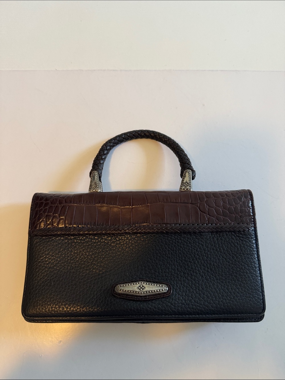 Brighton Black and Dark Brown Croc-Accent Top-Handle Mini Bag